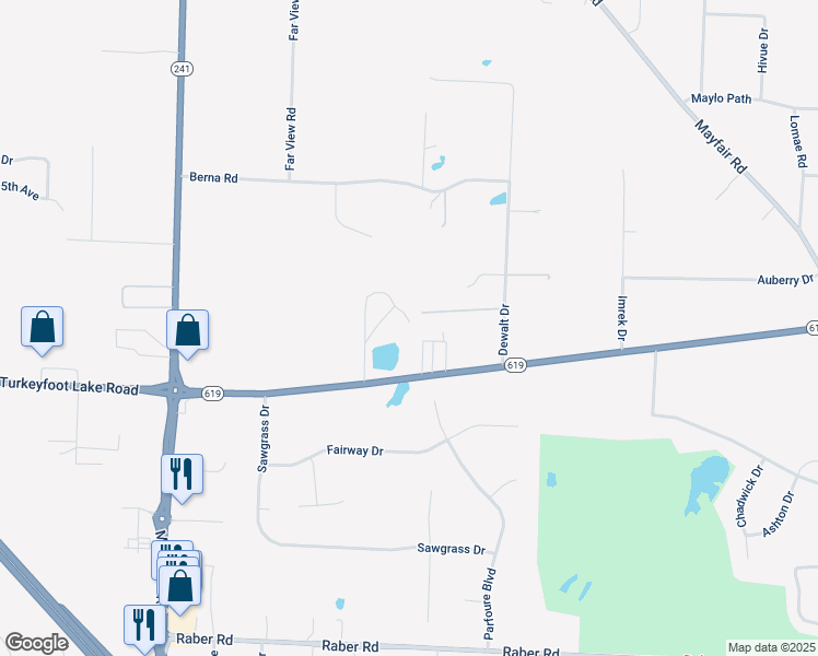 map of restaurants, bars, coffee shops, grocery stores, and more near 1901 East Turkeyfoot Lake Road in Akron