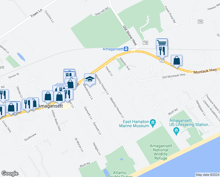 map of restaurants, bars, coffee shops, grocery stores, and more near 63 Meeting House Lane in Amagansett