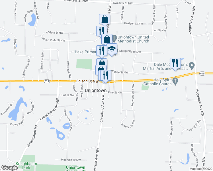 map of restaurants, bars, coffee shops, grocery stores, and more near 13020 Cleveland Ave NW in Uniontown