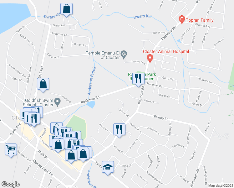 map of restaurants, bars, coffee shops, grocery stores, and more near 216 Ruckman Road in Closter