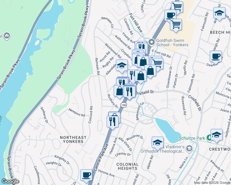 map of restaurants, bars, coffee shops, grocery stores, and more near 24 Norwood Road in Yonkers