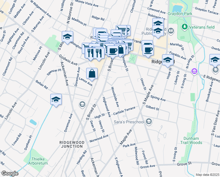 map of restaurants, bars, coffee shops, grocery stores, and more near 206 Woodside Avenue in Ridgewood