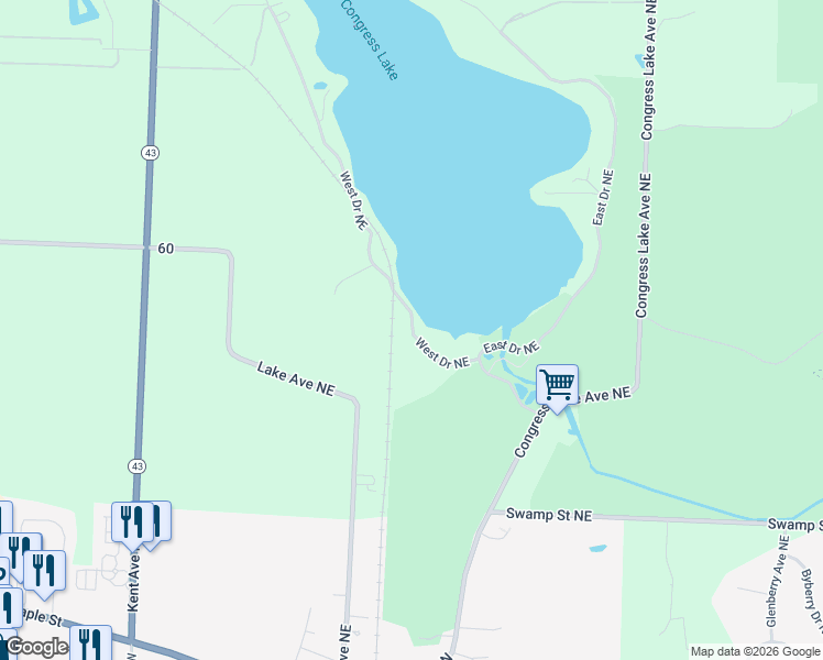map of restaurants, bars, coffee shops, grocery stores, and more near 49 West Drive Northeast in Hartville