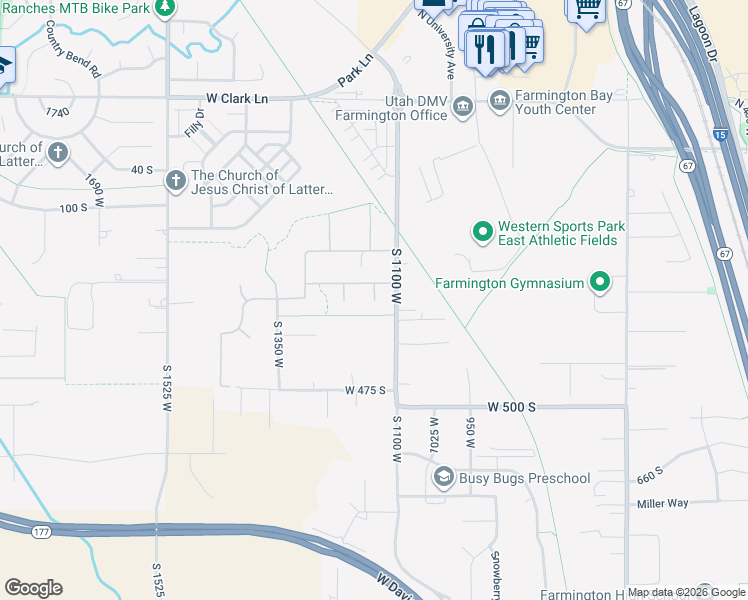 map of restaurants, bars, coffee shops, grocery stores, and more near 298 S 1150 W in Farmington