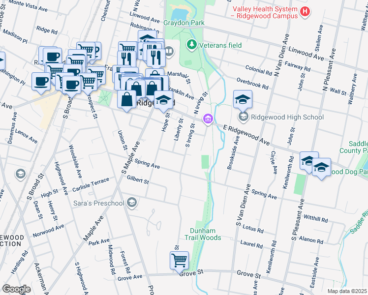 map of restaurants, bars, coffee shops, grocery stores, and more near 128 South Irving Street in Ridgewood
