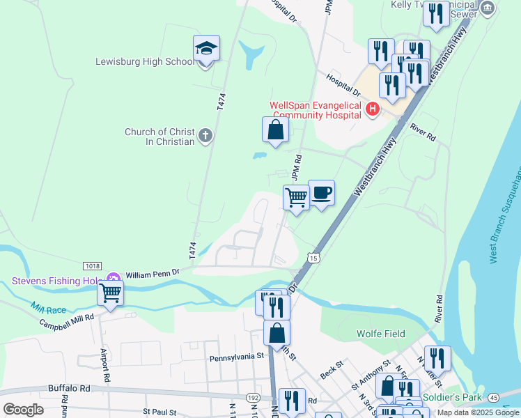 map of restaurants, bars, coffee shops, grocery stores, and more near 139 Willowbrook Boulevard in Lewisburg