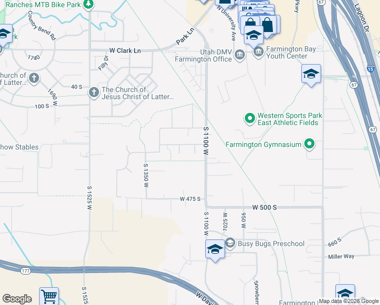 map of restaurants, bars, coffee shops, grocery stores, and more near 298 South 1150 West in Farmington