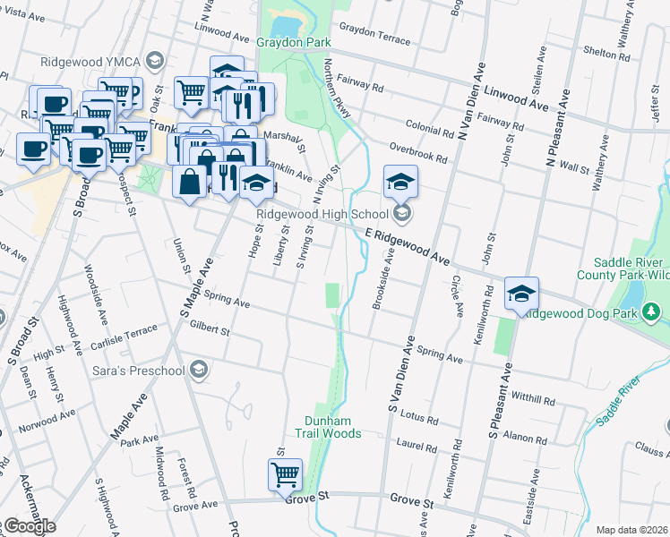 map of restaurants, bars, coffee shops, grocery stores, and more near 125 Southern Parkway in Ridgewood
