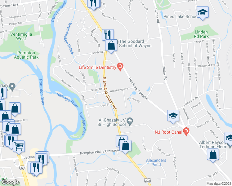 map of restaurants, bars, coffee shops, grocery stores, and more near 31 Armstrong Avenue in Wayne