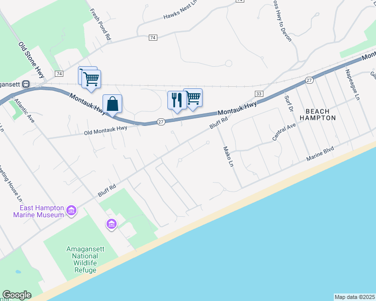 map of restaurants, bars, coffee shops, grocery stores, and more near 6 Dune Lane in Amagansett