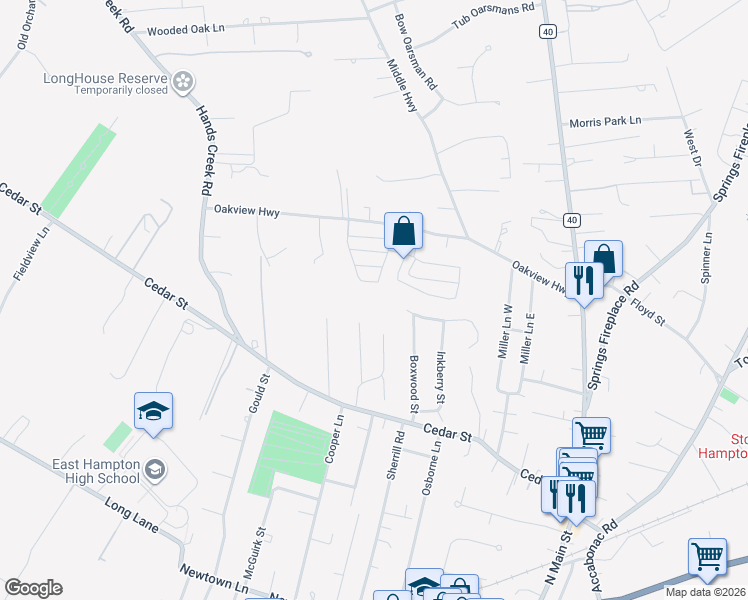 map of restaurants, bars, coffee shops, grocery stores, and more near 45 Hedge Row Lane in East Hampton