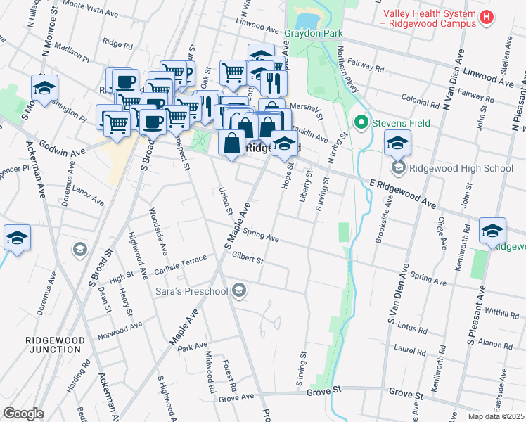 map of restaurants, bars, coffee shops, grocery stores, and more near 125 South Maple Avenue in Ridgewood