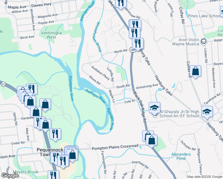 map of restaurants, bars, coffee shops, grocery stores, and more near 33 South Road in Wayne