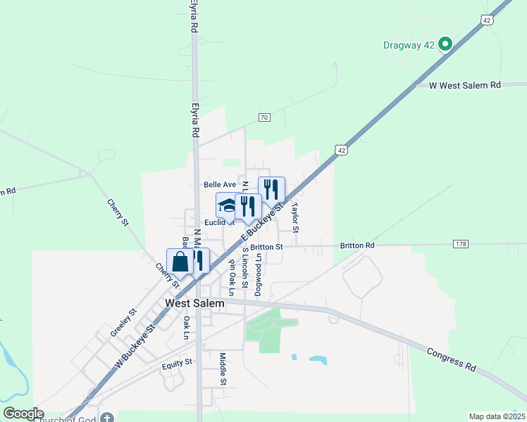 map of restaurants, bars, coffee shops, grocery stores, and more near 161 West Buckeye Street in West Salem