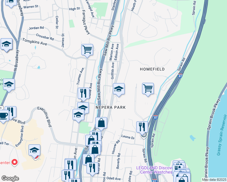 map of restaurants, bars, coffee shops, grocery stores, and more near 1194 New York 9A in Yonkers
