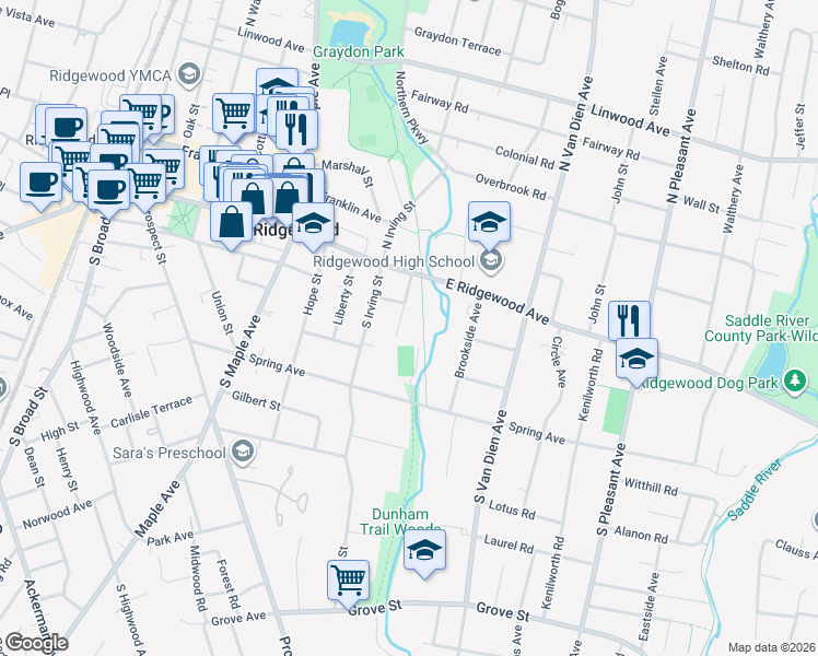 map of restaurants, bars, coffee shops, grocery stores, and more near 125 Southern Parkway in Ridgewood