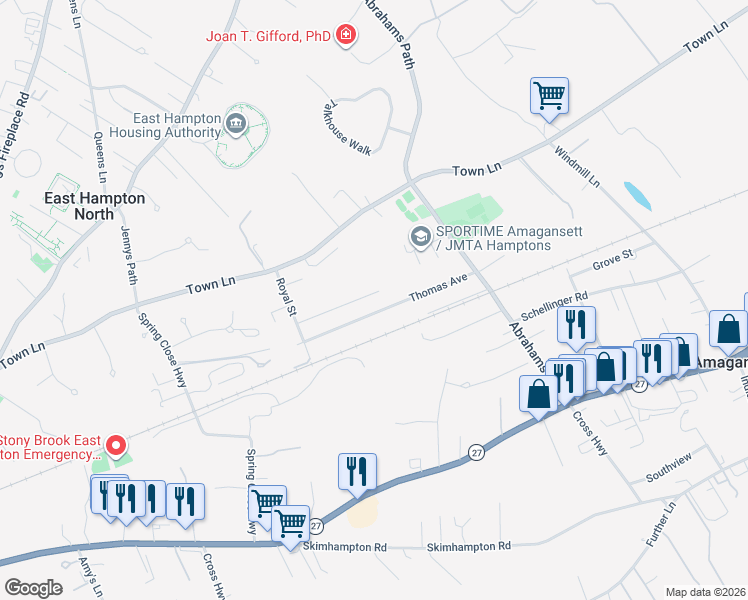 map of restaurants, bars, coffee shops, grocery stores, and more near 52 Thomas Avenue in East Hampton