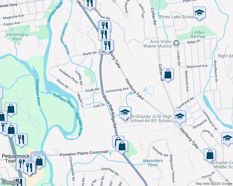 map of restaurants, bars, coffee shops, grocery stores, and more near 31 Armstrong Avenue in Wayne