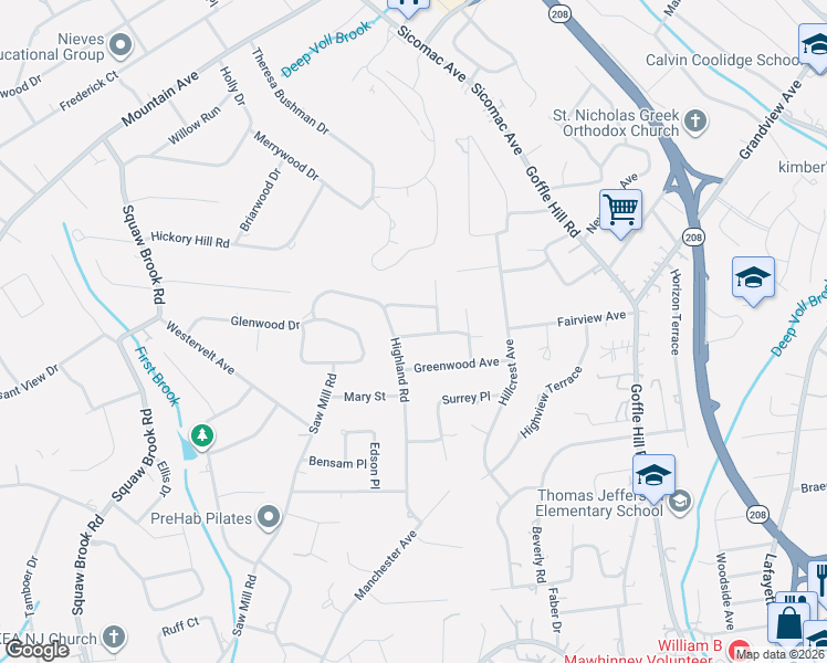 map of restaurants, bars, coffee shops, grocery stores, and more near 30 Woodland Avenue in Hawthorne