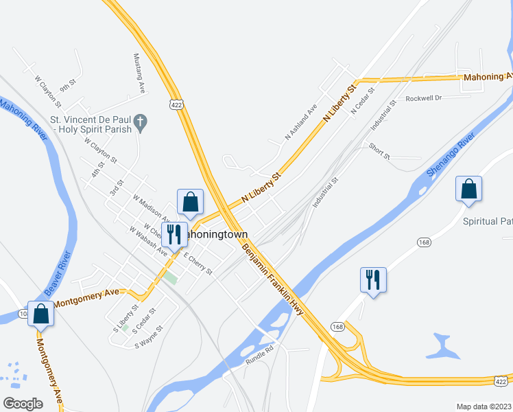 map of restaurants, bars, coffee shops, grocery stores, and more near 605 North Cedar Street in New Castle