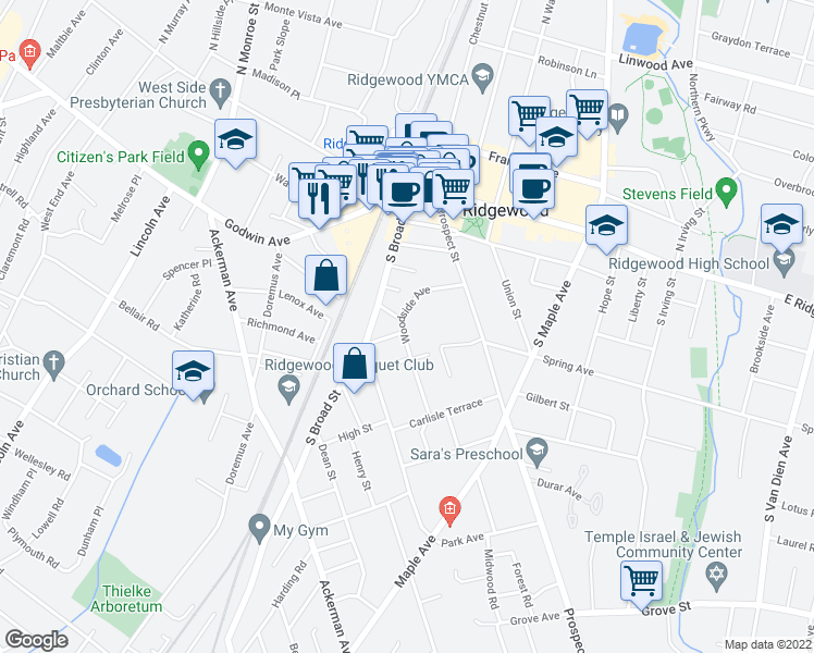 map of restaurants, bars, coffee shops, grocery stores, and more near 207 Woodside Avenue in Ridgewood