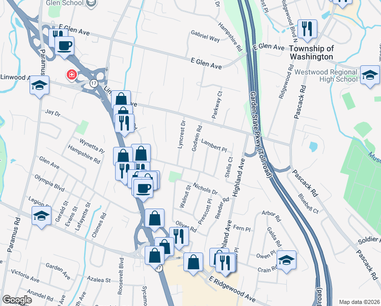 map of restaurants, bars, coffee shops, grocery stores, and more near 798 Godwin Road in Paramus