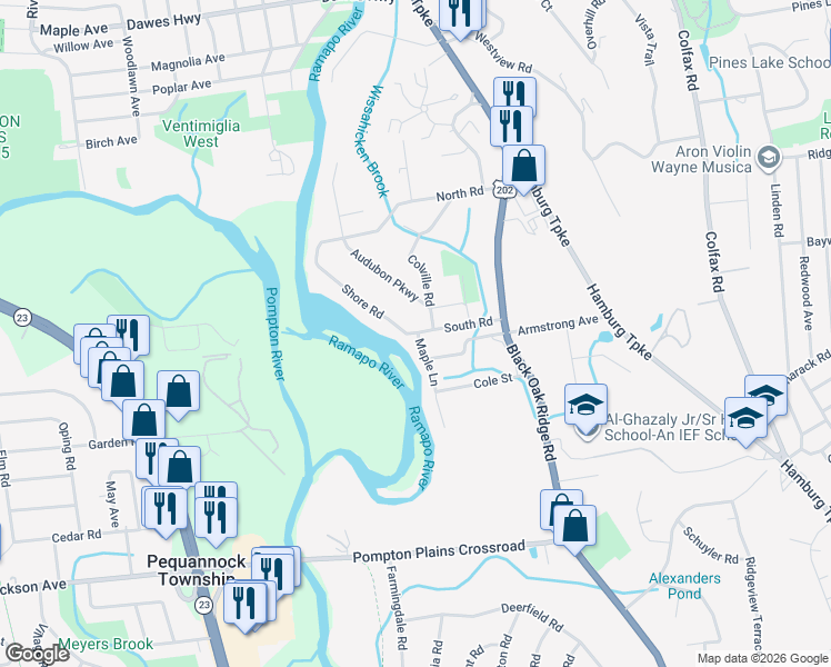 map of restaurants, bars, coffee shops, grocery stores, and more near 33 South Road in Wayne