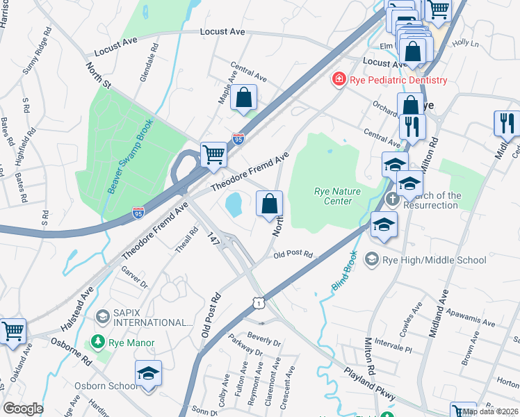 map of restaurants, bars, coffee shops, grocery stores, and more near 12 Marlene Court in Rye