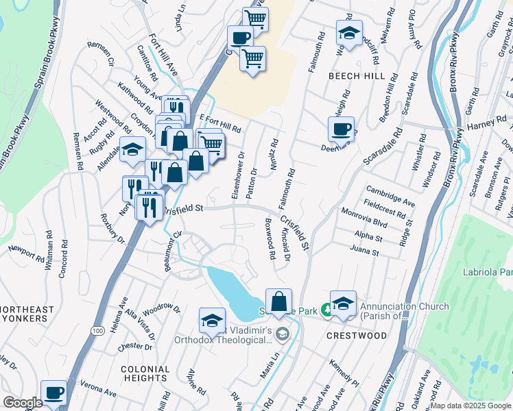 map of restaurants, bars, coffee shops, grocery stores, and more near 134 Crisfield Street in Yonkers