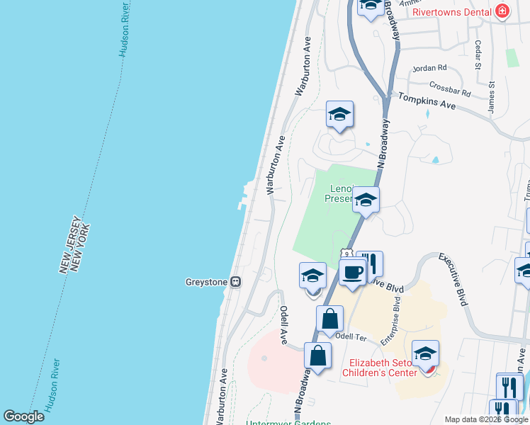map of restaurants, bars, coffee shops, grocery stores, and more near 1120 Warburton Avenue in Yonkers