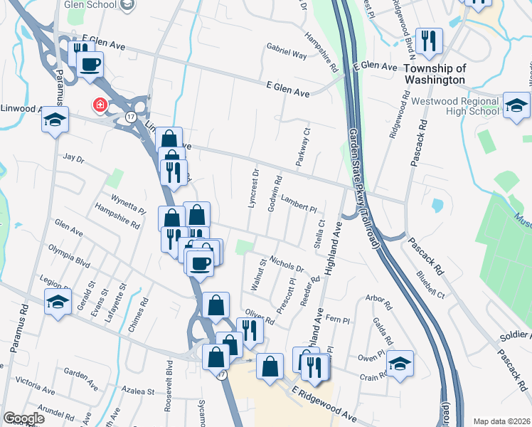 map of restaurants, bars, coffee shops, grocery stores, and more near 798 Godwin Road in Paramus