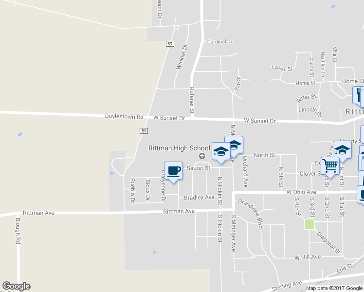 map of restaurants, bars, coffee shops, grocery stores, and more near 100 Saurer Street in Rittman
