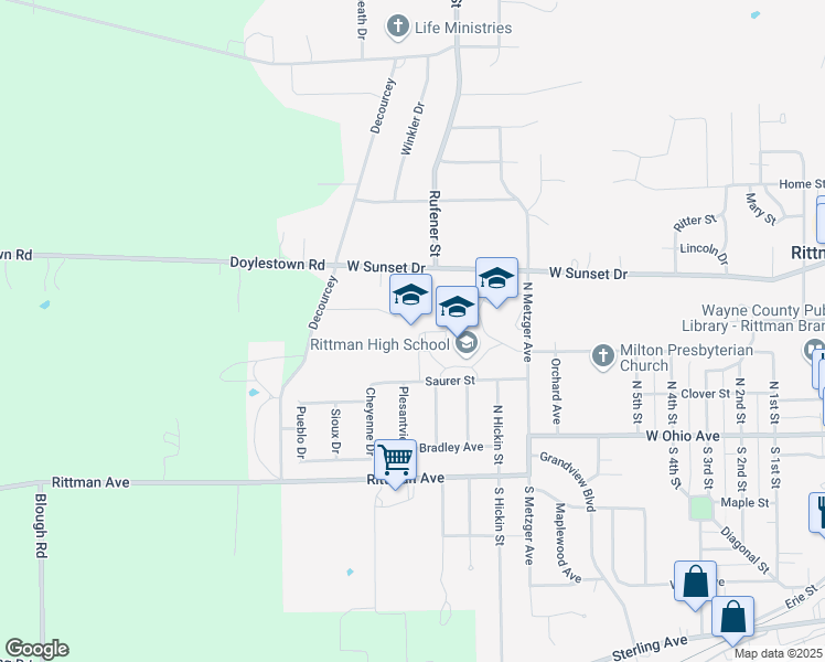 map of restaurants, bars, coffee shops, grocery stores, and more near 100 Saurer Street in Rittman