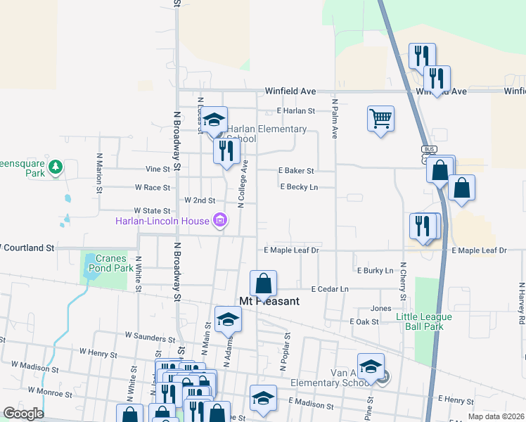 map of restaurants, bars, coffee shops, grocery stores, and more near 724 North Lincoln Street in Mount Pleasant