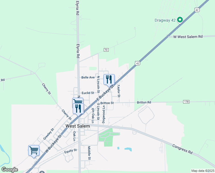 map of restaurants, bars, coffee shops, grocery stores, and more near 161 West Buckeye Street in West Salem