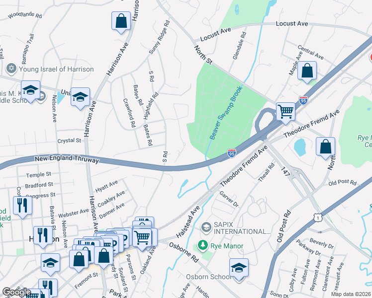 map of restaurants, bars, coffee shops, grocery stores, and more near 16 Canterbury Road South in Harrison