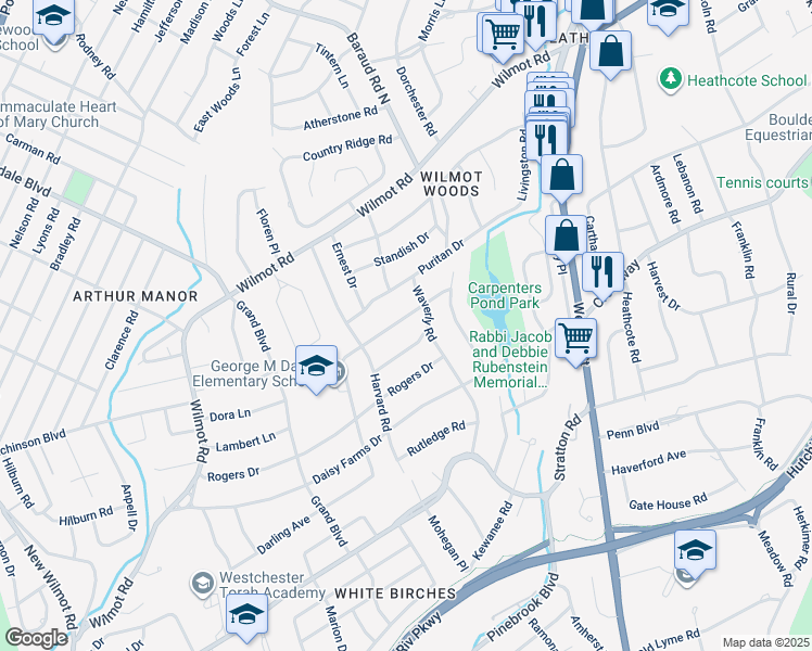 map of restaurants, bars, coffee shops, grocery stores, and more near 67 Donnybrook Road in Scarsdale