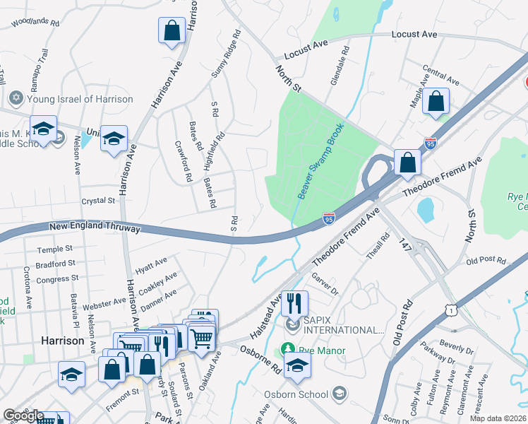 map of restaurants, bars, coffee shops, grocery stores, and more near 16 Canterbury Road South in Harrison