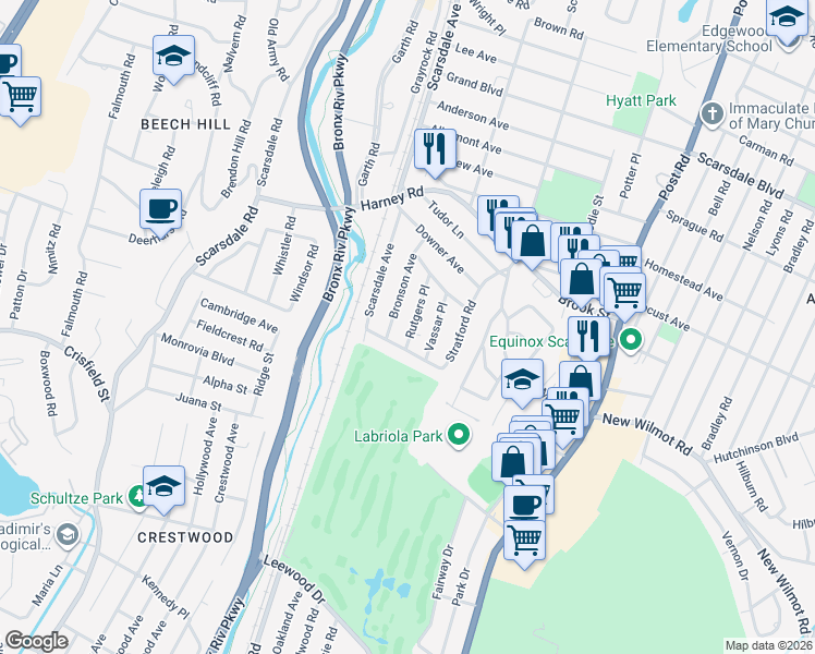 map of restaurants, bars, coffee shops, grocery stores, and more near 5 Vassar Place in Scarsdale
