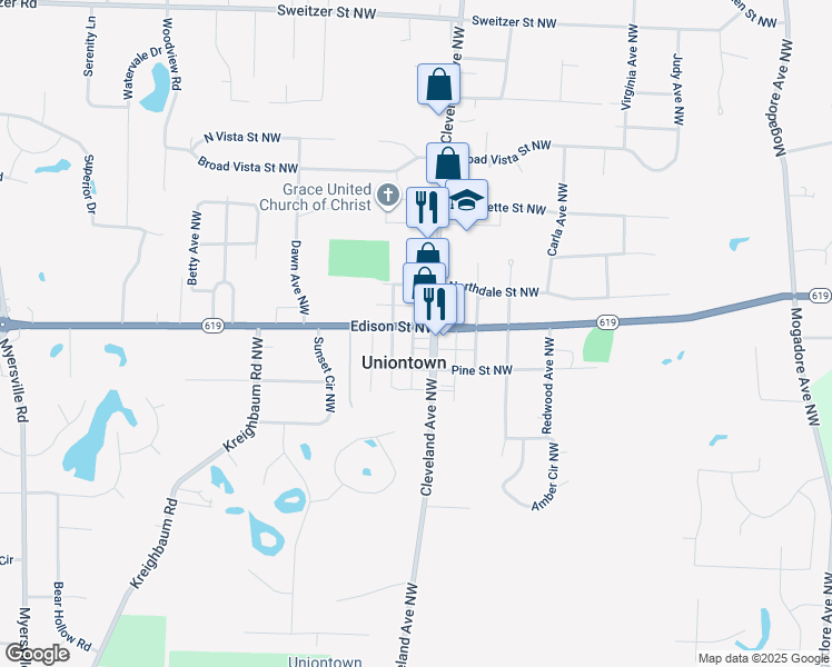 map of restaurants, bars, coffee shops, grocery stores, and more near in Uniontown