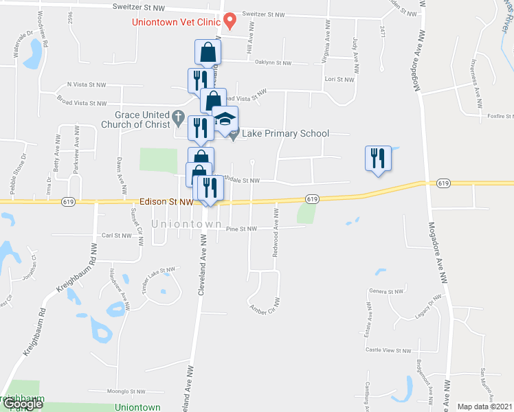 map of restaurants, bars, coffee shops, grocery stores, and more near 3330 Edison Street Northwest in Uniontown