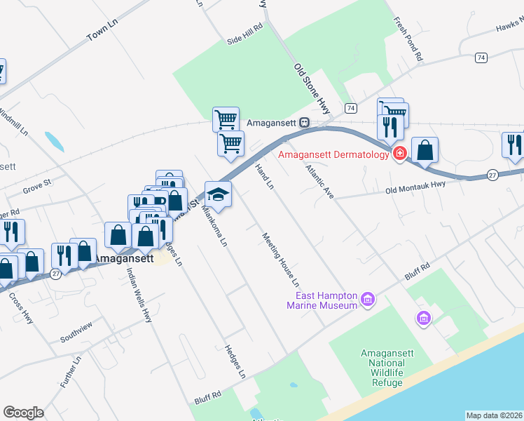 map of restaurants, bars, coffee shops, grocery stores, and more near 63 Meeting House Lane in Amagansett