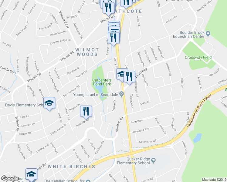 map of restaurants, bars, coffee shops, grocery stores, and more near 3 Greentree Drive in Scarsdale