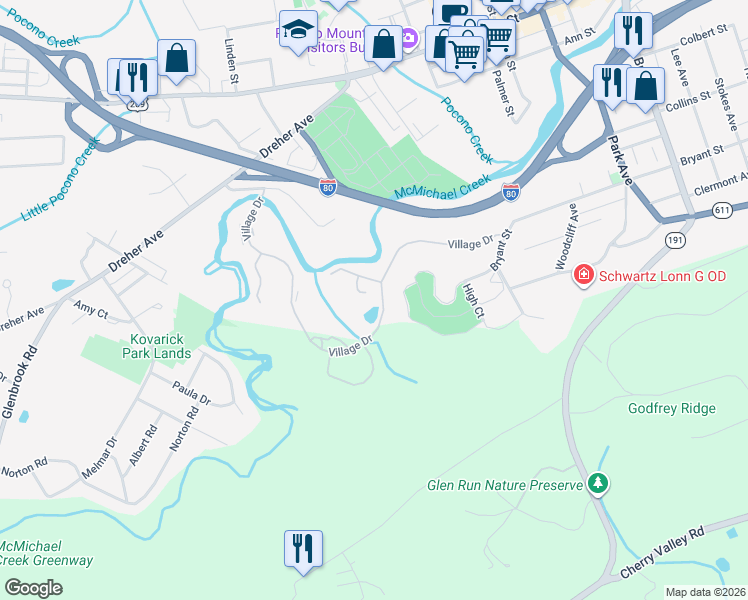 map of restaurants, bars, coffee shops, grocery stores, and more near 23 Village Drive in Stroudsburg