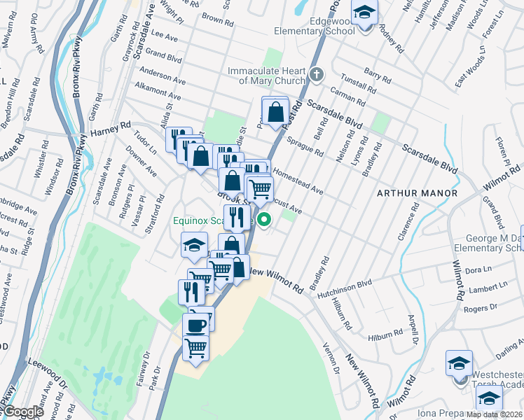 map of restaurants, bars, coffee shops, grocery stores, and more near 820 White Plains Road in Scarsdale