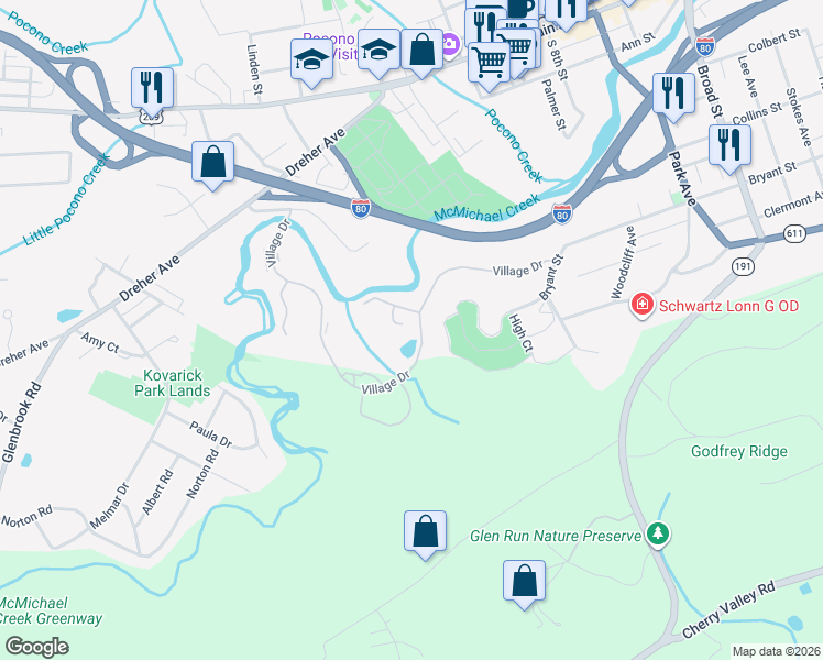 map of restaurants, bars, coffee shops, grocery stores, and more near 23 Village Dr in Stroudsburg
