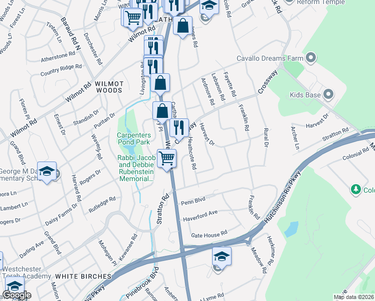 map of restaurants, bars, coffee shops, grocery stores, and more near 387 Heathcote Road in Scarsdale
