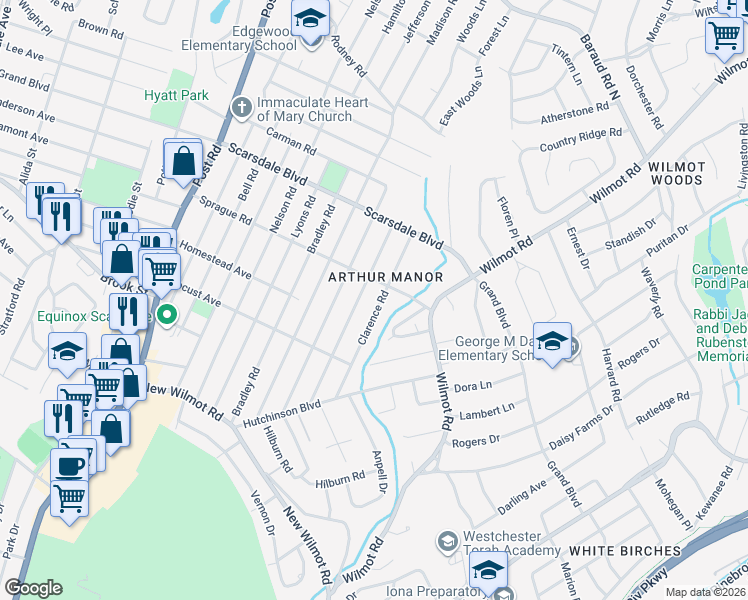 map of restaurants, bars, coffee shops, grocery stores, and more near 140 White Road in Scarsdale