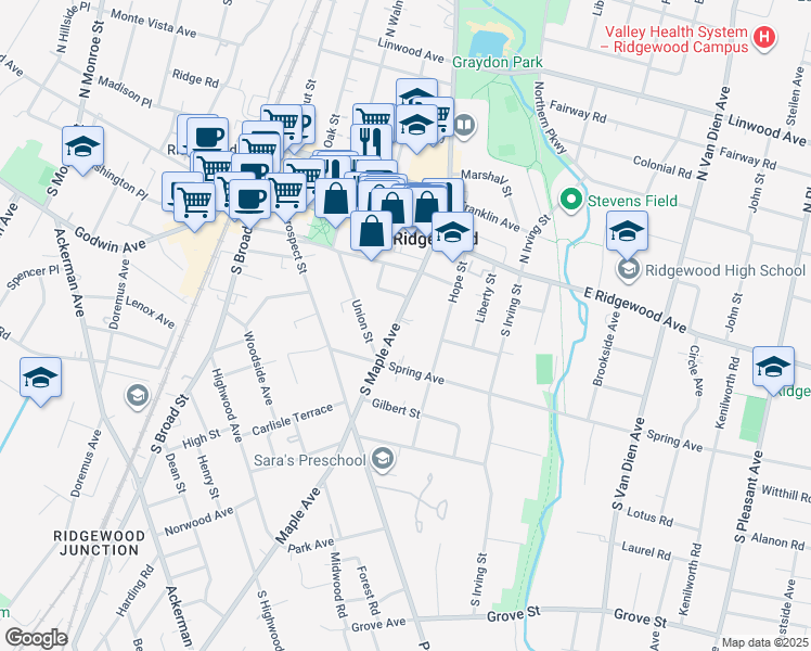 map of restaurants, bars, coffee shops, grocery stores, and more near 155 South Maple Avenue in Ridgewood