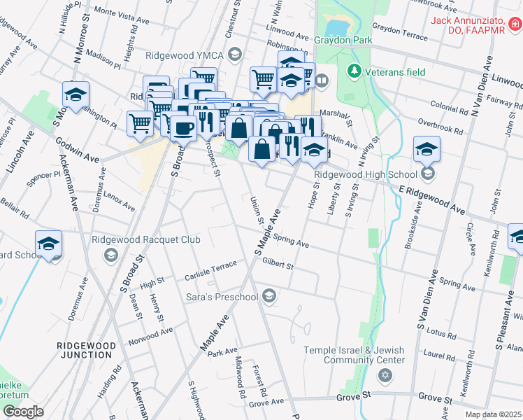 map of restaurants, bars, coffee shops, grocery stores, and more near 281 Spring Avenue in Ridgewood